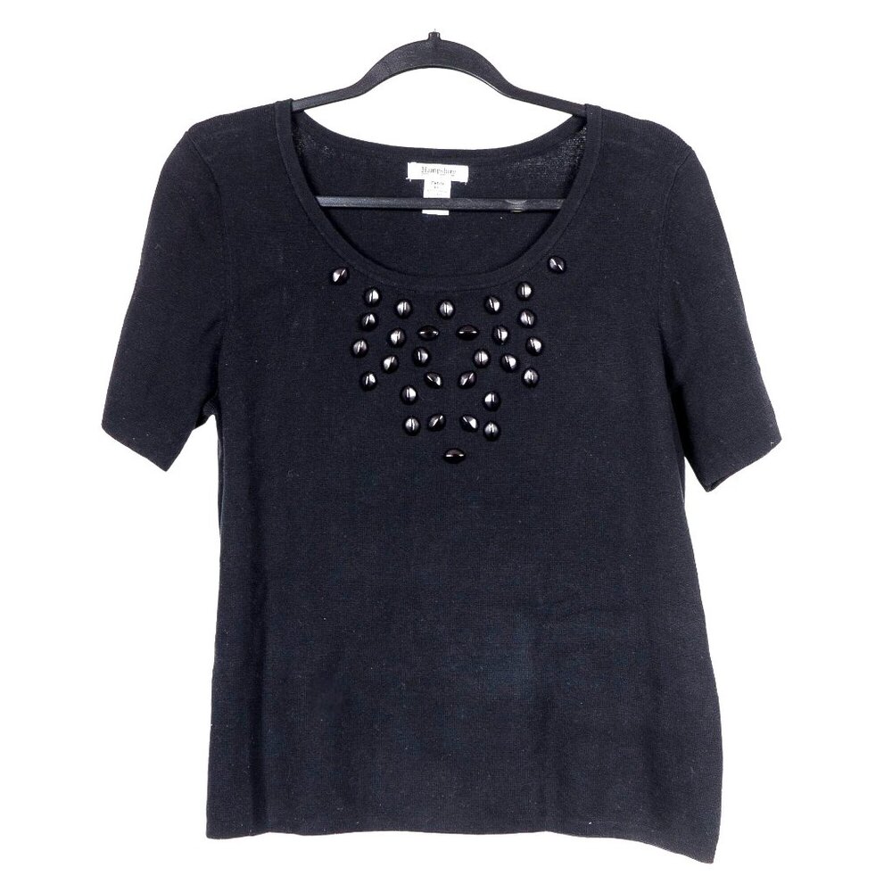 Beaded Sweater Shirt Petite L Black Scoop Neck Short Sleeve Cotton Nylon Stretch